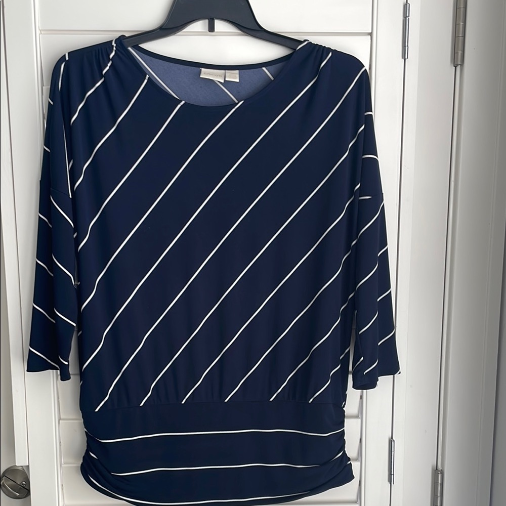Chico's navy & white diagonal stripe pullover tunic top EUC